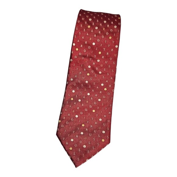 TRUSSARDI Men's 100% Silk Necktie LUXURY Tie Red Monogram W:3.7" EUC - Picture 1 of 3